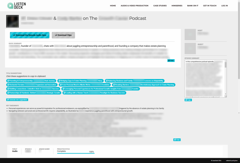 ListenDesk Dashboard | Episode Page for Clients